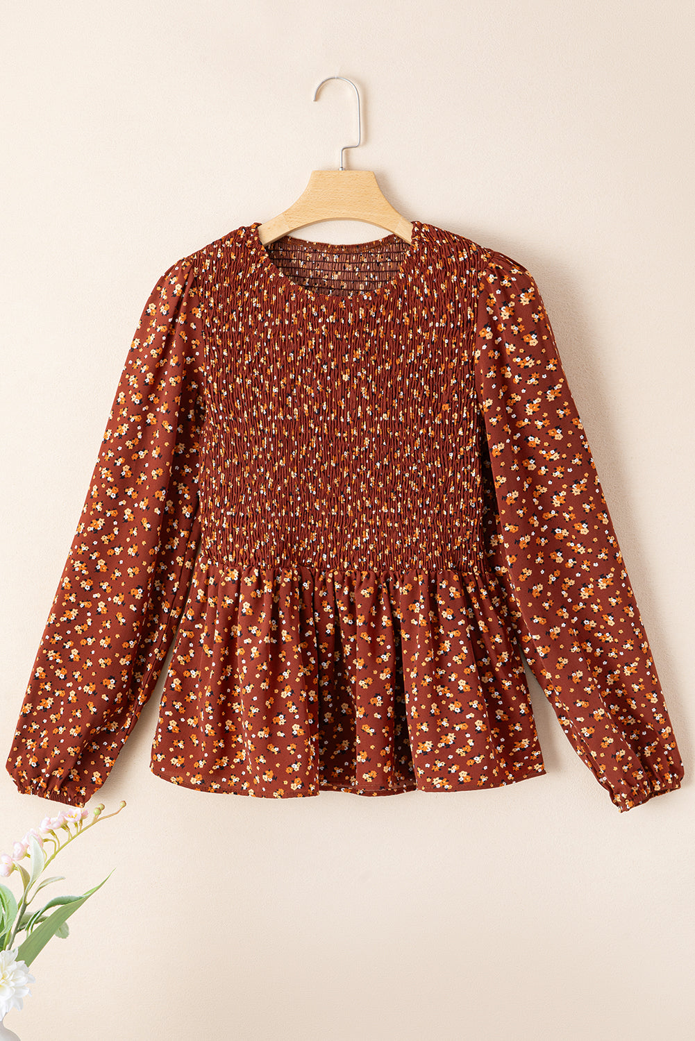 Boho Floral Smocked Bust Ruffled Peplum Blouse-Tops/Blouses & Shirts-[Adult]-[Female]-2022 Online Blue Zone Planet
