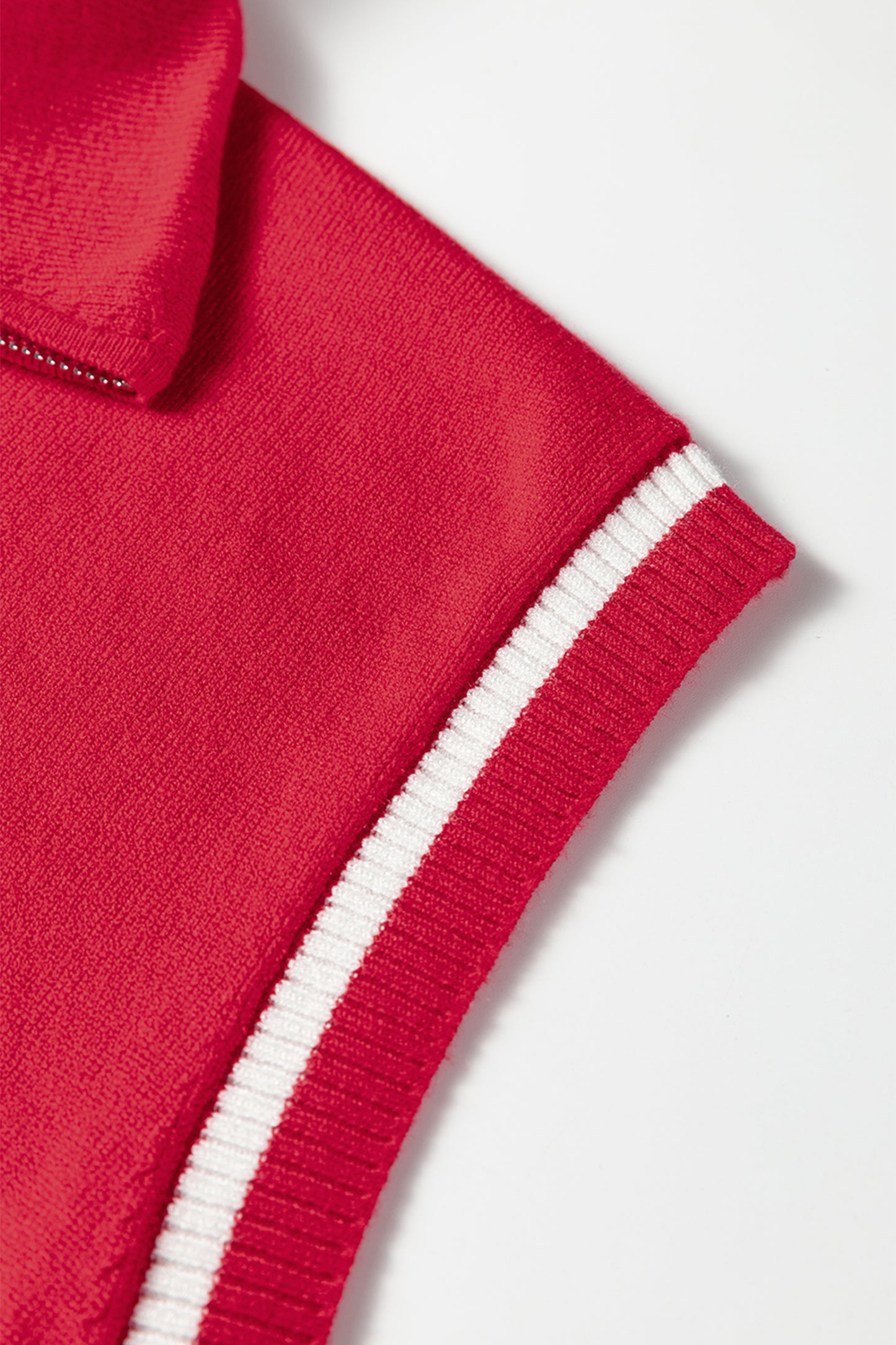Fiery Red Quarter Zip Striped Detail Short Sleeve Sweater-Sweaters & Cardigans/Short Sleeve Sweaters-[Adult]-[Female]-2022 Online Blue Zone Planet