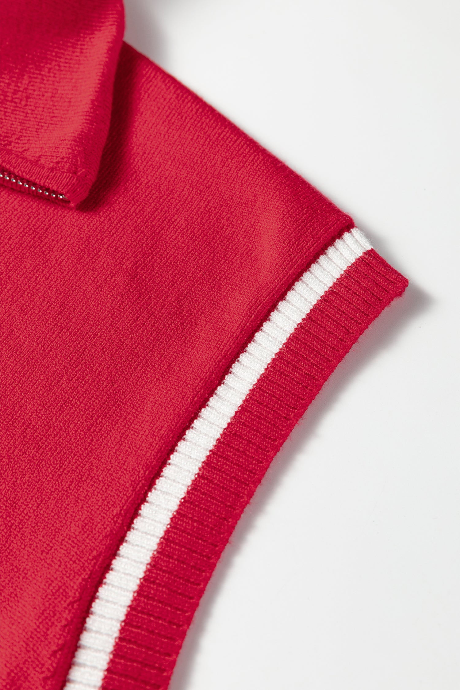 Fiery Red Quarter Zip Striped Detail Short Sleeve Sweater-Sweaters & Cardigans/Short Sleeve Sweaters-[Adult]-[Female]-2022 Online Blue Zone Planet