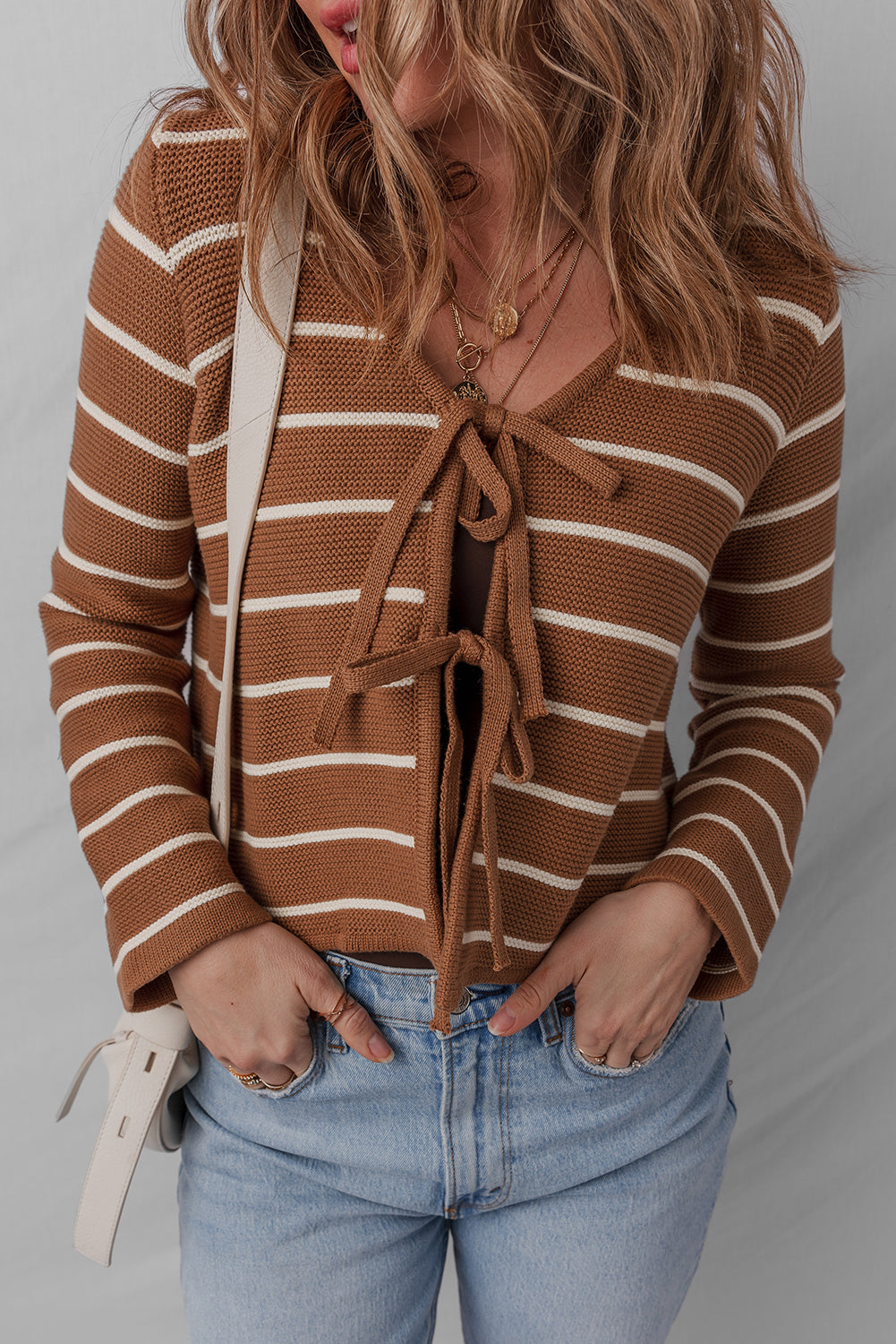 Chestnut Tie Front Striped Knit V Neck Cardigan Sweater-Sweaters & Cardigans/Cardigans-[Adult]-[Female]-2022 Online Blue Zone Planet