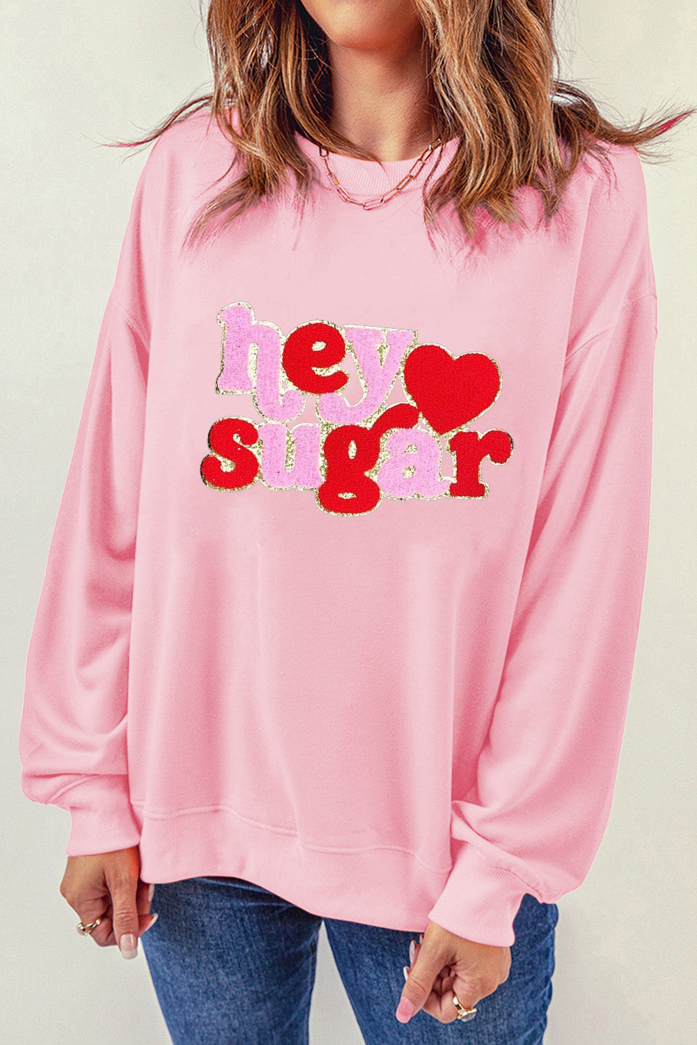 Pink Chenille Heart Pattern Valentines Graphic Sweatshirt-Graphic Sweatshirts-[Adult]-[Female]-Pink-S-2022 Online Blue Zone Planet