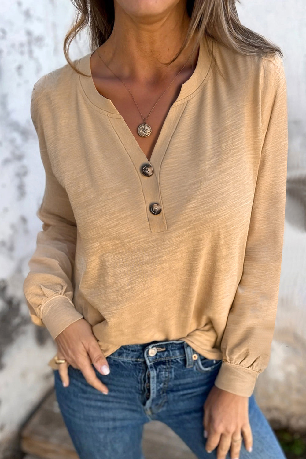 Light French Beige Solid Color Button V Neck Long Sleeve Top-Tops/Long Sleeve Tops-[Adult]-[Female]-Light French Beige-S-2022 Online Blue Zone Planet