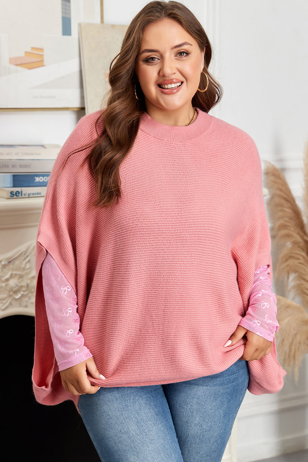 Light Pink Ribbed Knit Half Sleeve Plus Size Poncho Style Sweater-TOPS / DRESSES-[Adult]-[Female]-2022 Online Blue Zone Planet