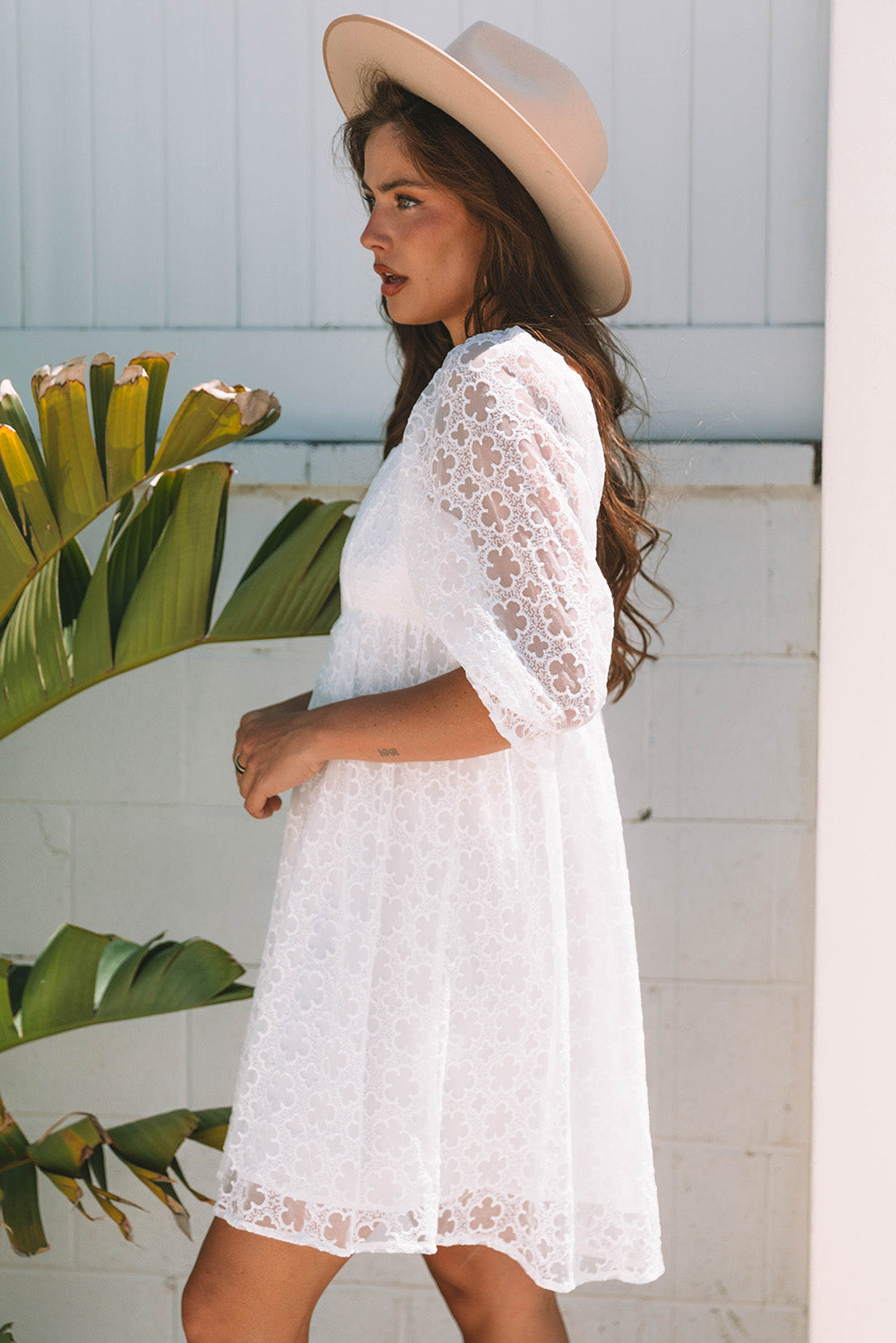 White Floral Lace Puff Sleeve Empire Waist Mini Dress-TOPS / DRESSES-[Adult]-[Female]-2022 Online Blue Zone Planet