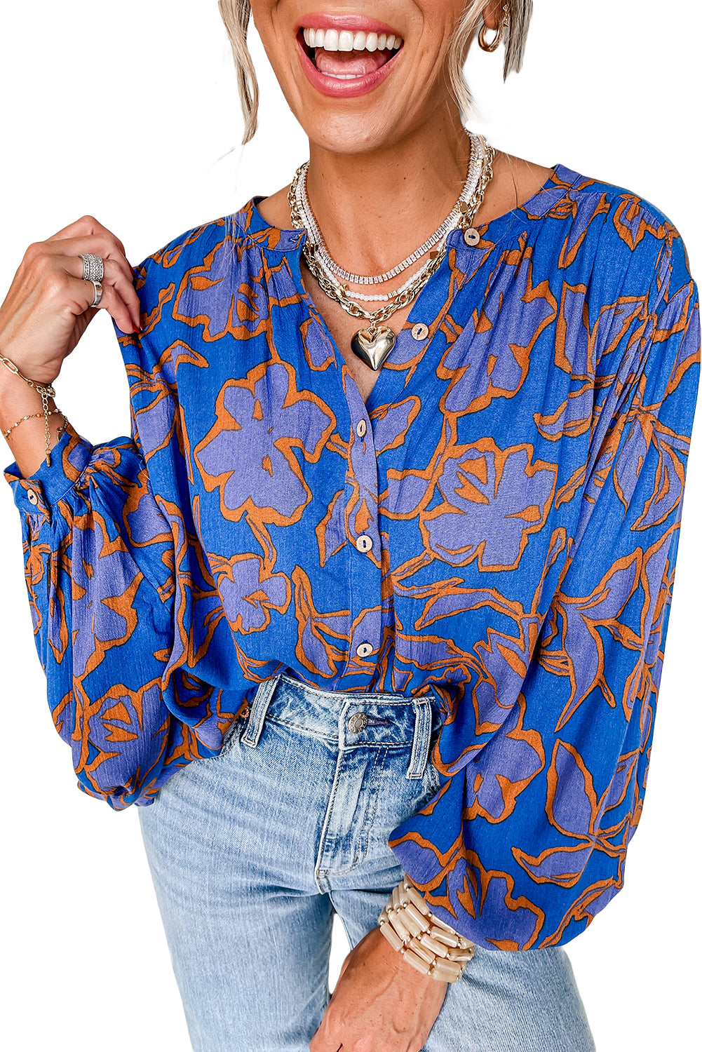 Blue Zone Planet | Pink Floral Print Batwing Sleeve Button Loose Fit Blouse-Blouses-[Adult]-[Female]-2022 Online Blue Zone Planet