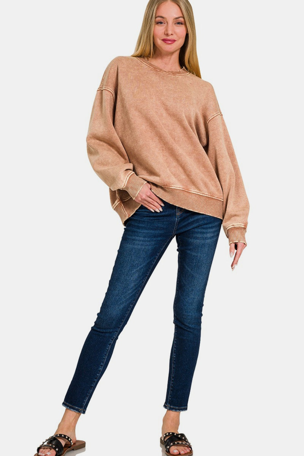 Blue Zone Planet | Zenana Acid Wash Oversized Fleece Sweatshirt-TOPS / DRESSES-[Adult]-[Female]-2022 Online Blue Zone Planet