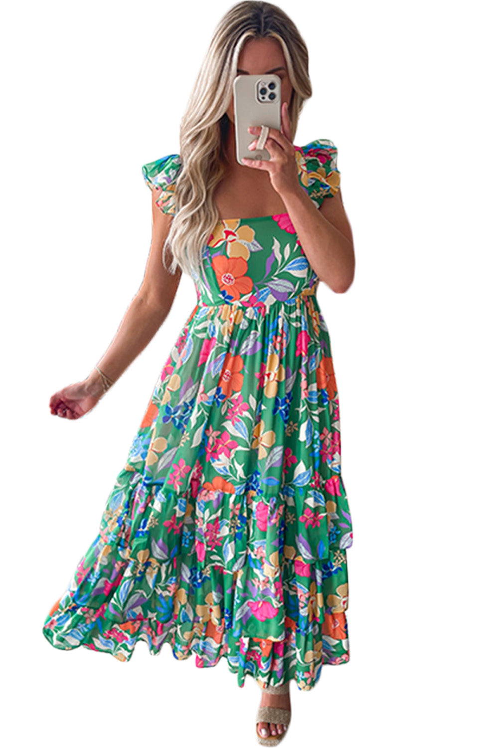 Blue Zone Planet |  Green Floral Print Sleeveless Ruffle Tiered Maxi Dress Blue Zone Planet