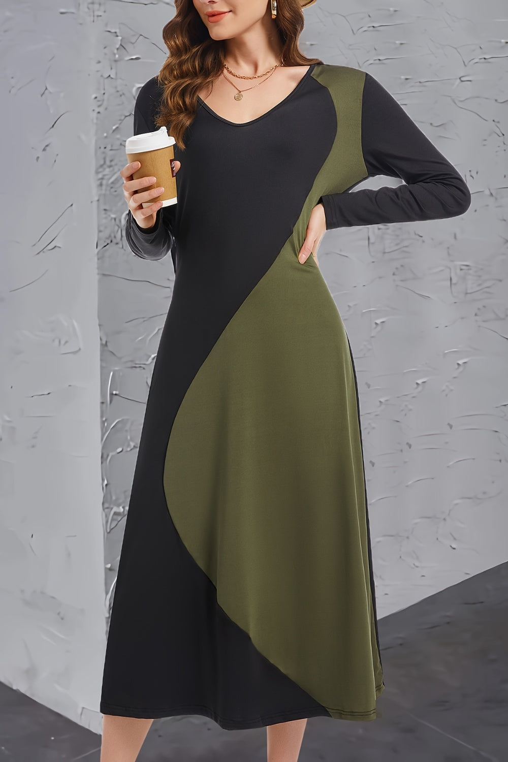 Contrast Long Sleeve Midi Dress-TOPS / DRESSES-[Adult]-[Female]-Army Green-S-2022 Online Blue Zone Planet