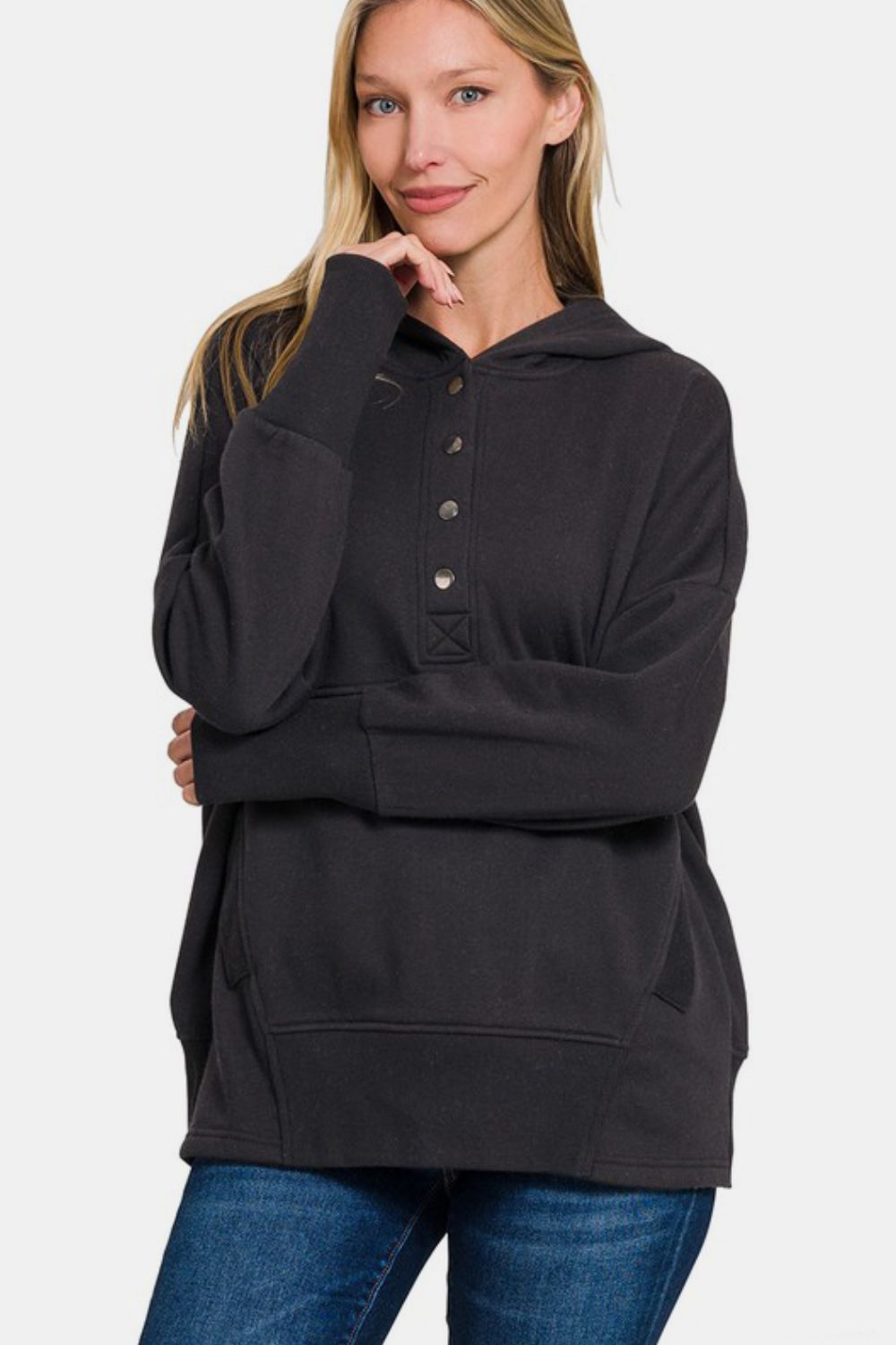 Zenana Half Snap Long Sleeve Hoodie with Kangaroo Pocket-TOPS / DRESSES-[Adult]-[Female]-2022 Online Blue Zone Planet