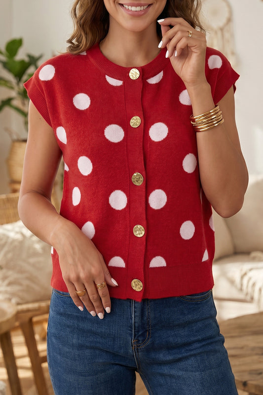 Red Relaxed Polka Dot Print Decorated Button Sweater Vest-TOPS / DRESSES-[Adult]-[Female]-Red-S-2022 Online Blue Zone Planet