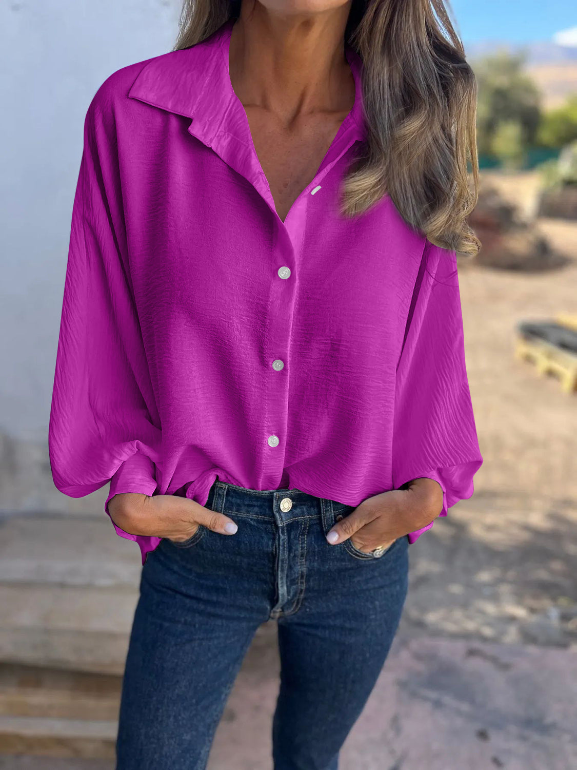 Full Size Collared Neck Long Sleeve Shirt-TOPS / DRESSES-[Adult]-[Female]-2022 Online Blue Zone Planet