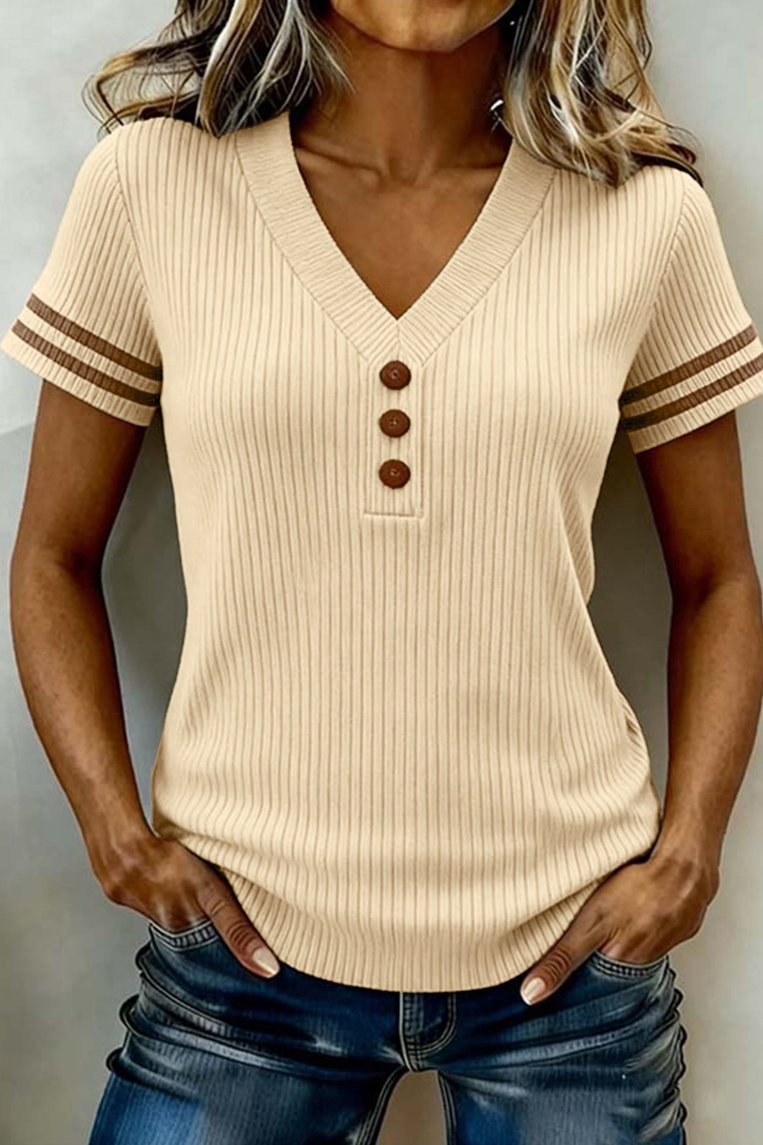 Apricot V Neck Ribbed Knit Striped Trim Short Sleeve Sweater-Sweaters & Cardigans/Short Sleeve Sweaters-[Adult]-[Female]-Apricot-S-2022 Online Blue Zone Planet
