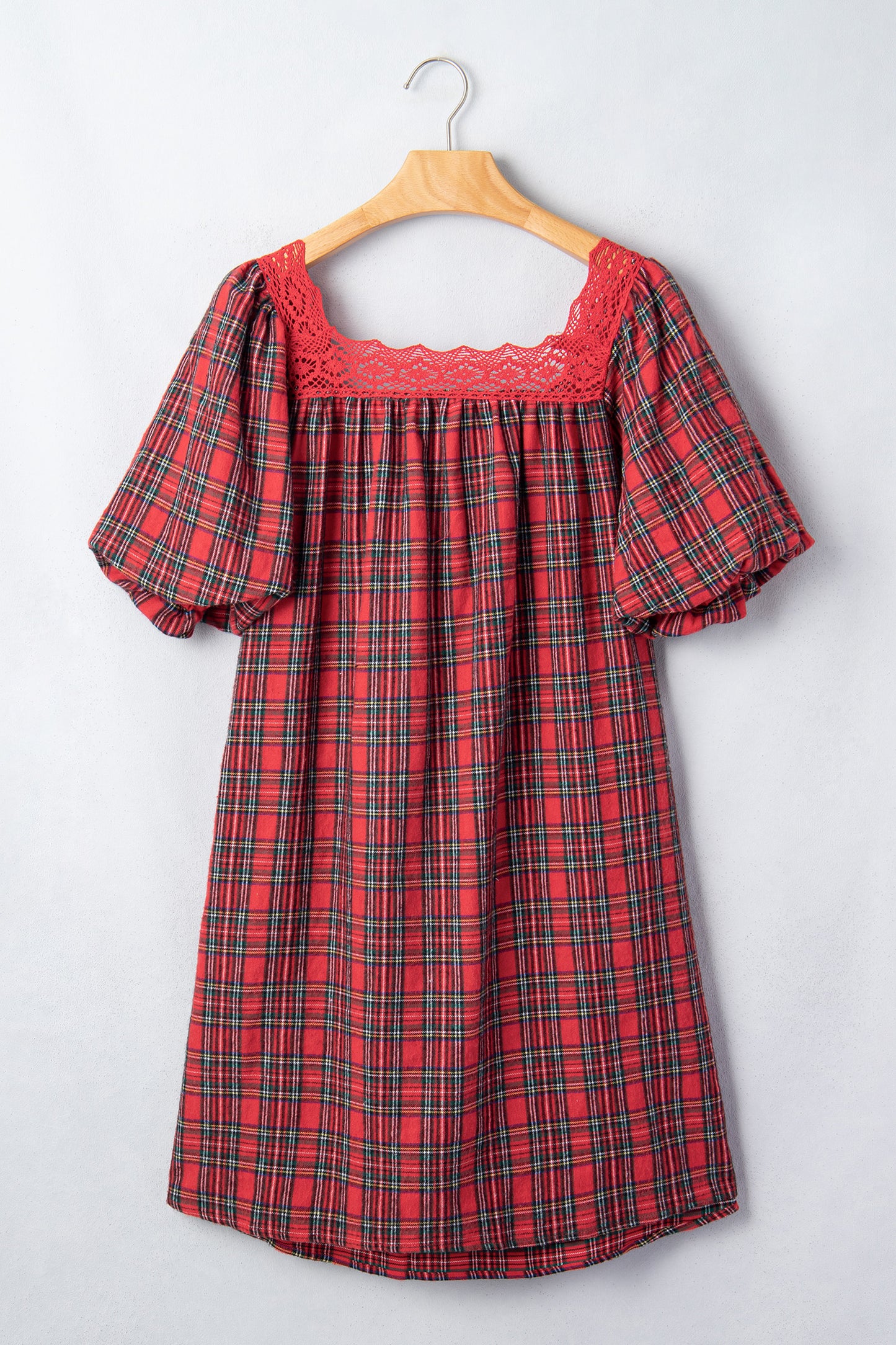 Red Plaid Square Collar Lace Trim Short Sleeve Shift Mini Dress-TOPS / DRESSES-[Adult]-[Female]-2022 Online Blue Zone Planet