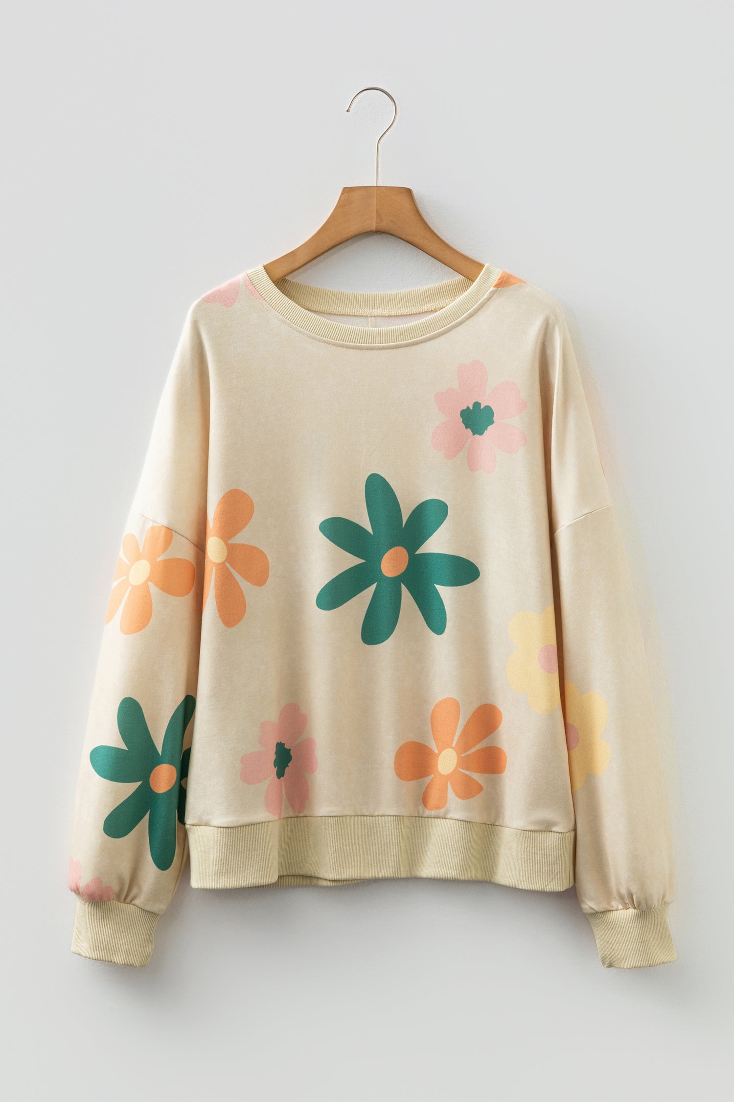 Khaki Mineral Washed French Terry Flower Print Sweatshirt-Tops/Sweatshirts & Hoodies-[Adult]-[Female]-2022 Online Blue Zone Planet