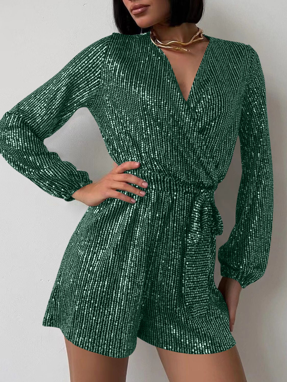 Full Size Sequin Surplice Tie Waist Long Sleeve Romper-TOPS / DRESSES-[Adult]-[Female]-2022 Online Blue Zone Planet