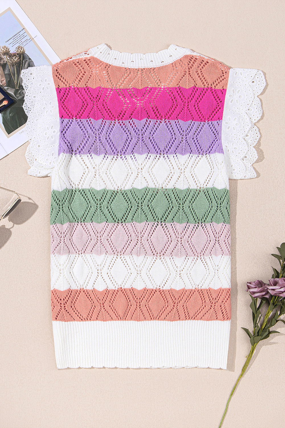 Rose Stripe Colorblock Hollowed Knit Scallop Edge Sweater Vest-Sweaters & Cardigans/Sweater Vests-[Adult]-[Female]-2022 Online Blue Zone Planet