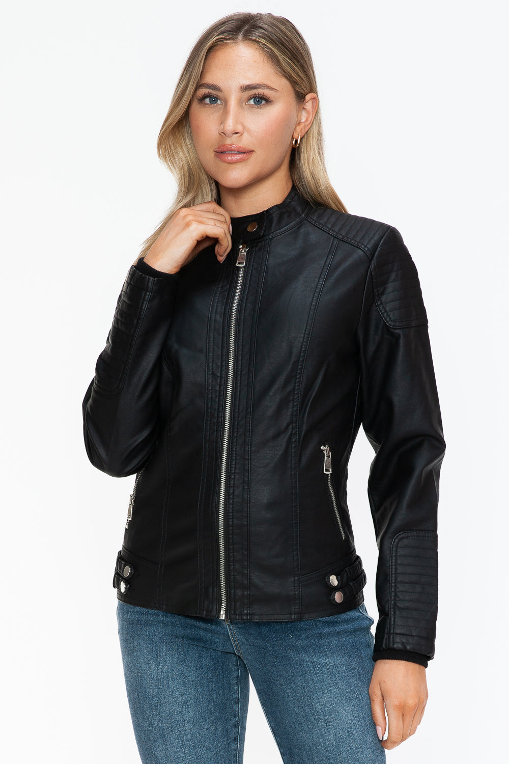 Blue Zone Planet | Snobbish Faux Leather Biker Jacket with Side Zip Pockets-TOPS / DRESSES-[Adult]-[Female]-2022 Online Blue Zone Planet