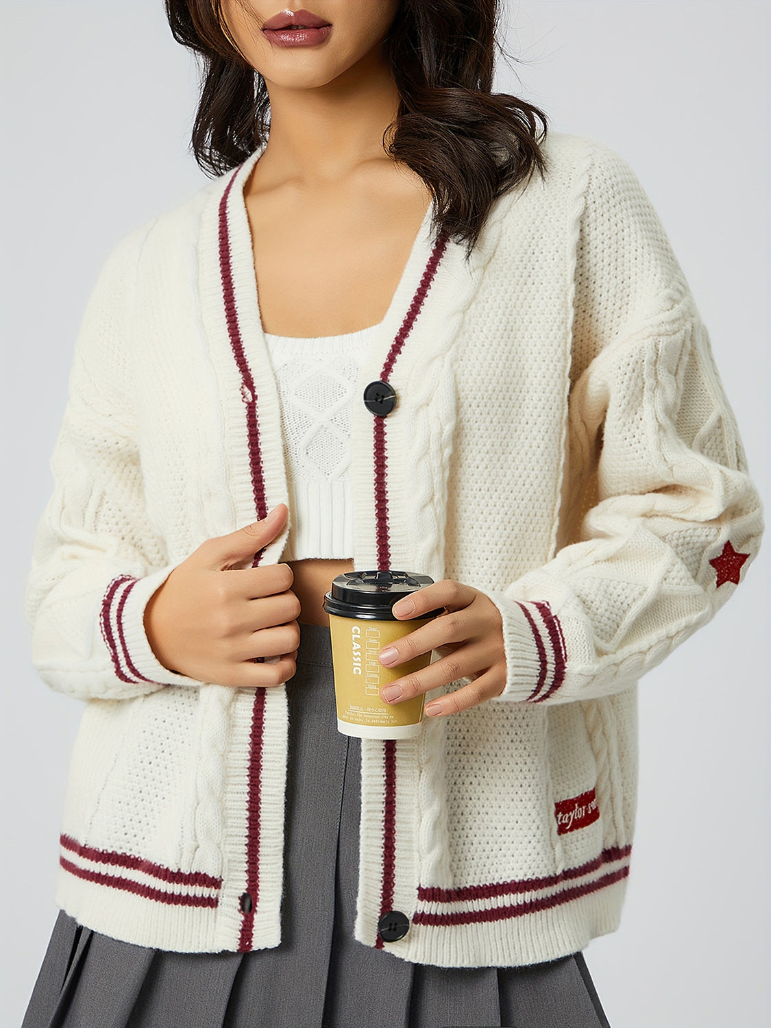 Star Embroidered V-Neck Long Sleeve Cardigan-TOPS / DRESSES-[Adult]-[Female]-Burgundy-One Size-2022 Online Blue Zone Planet