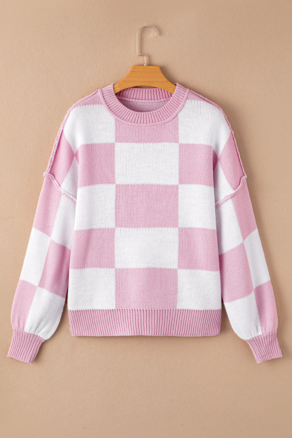 Blue Zone Planet | Pink Checked Bishop Sleeve Pullover Sweater-Sweaters-[Adult]-[Female]-2022 Online Blue Zone Planet