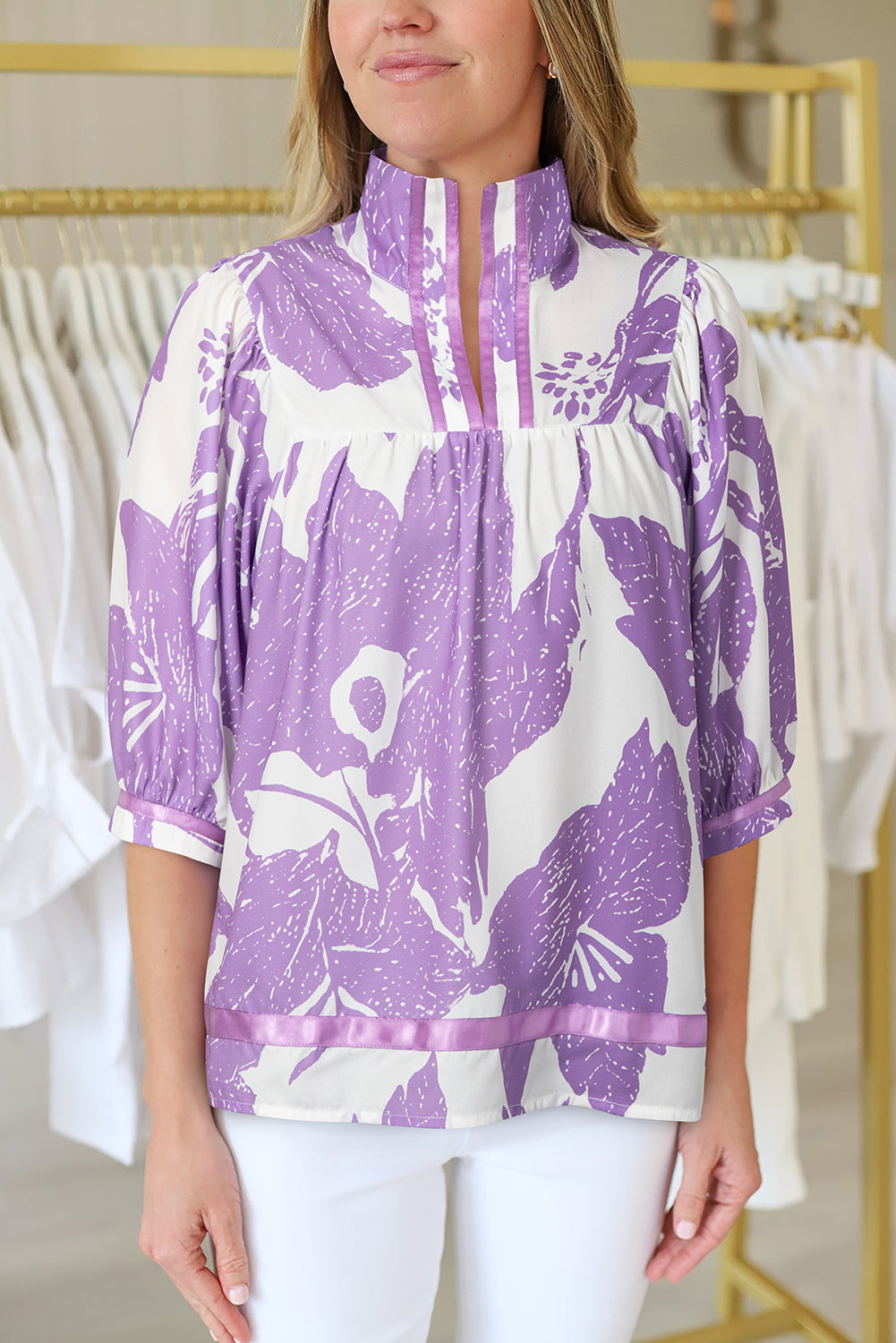 Purple Leafy Print 3/4 Sleeve Striped Trim Split Neck Blouse-Tops/Blouses & Shirts-[Adult]-[Female]-Purple-S-2022 Online Blue Zone Planet