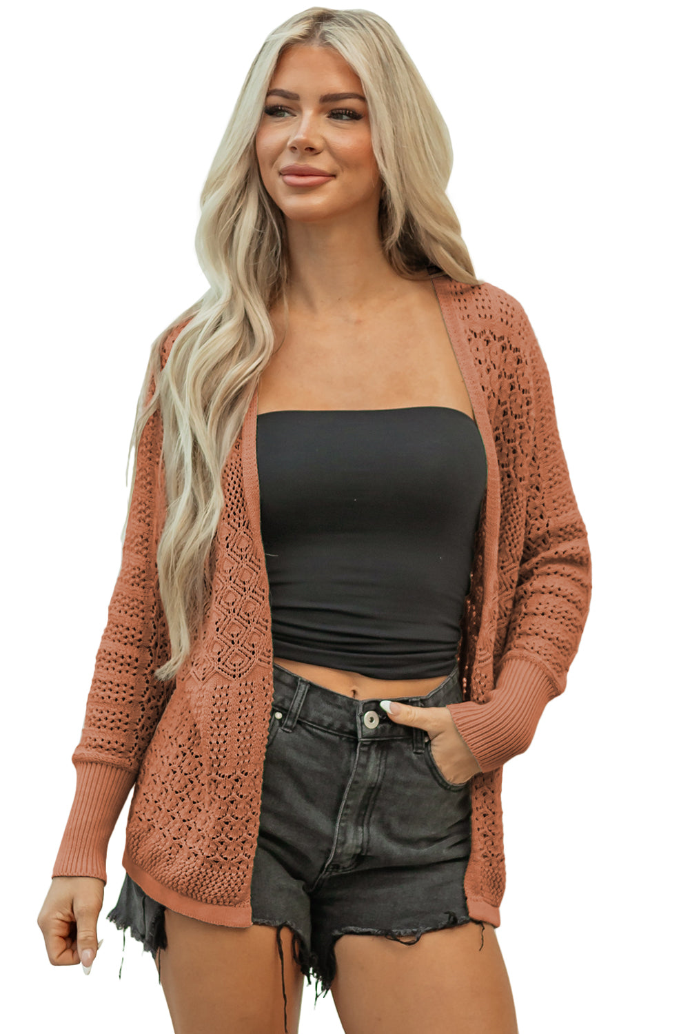 Redwood Burl Mix Pattern Hollowed Knit Open Front Cardigan-TOPS / DRESSES-[Adult]-[Female]-2022 Online Blue Zone Planet