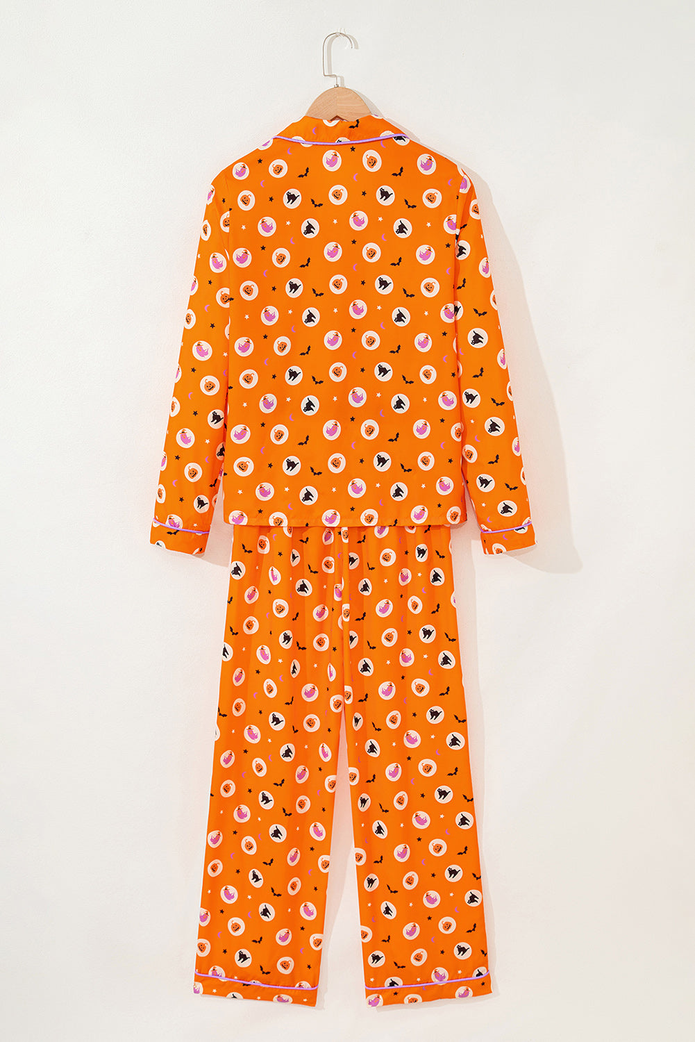 Orange Halloween Print Lapel Shirt Long 2pcs Pajama Set-Loungewear & Sleepwear/Sleepwear-[Adult]-[Female]-2022 Online Blue Zone Planet