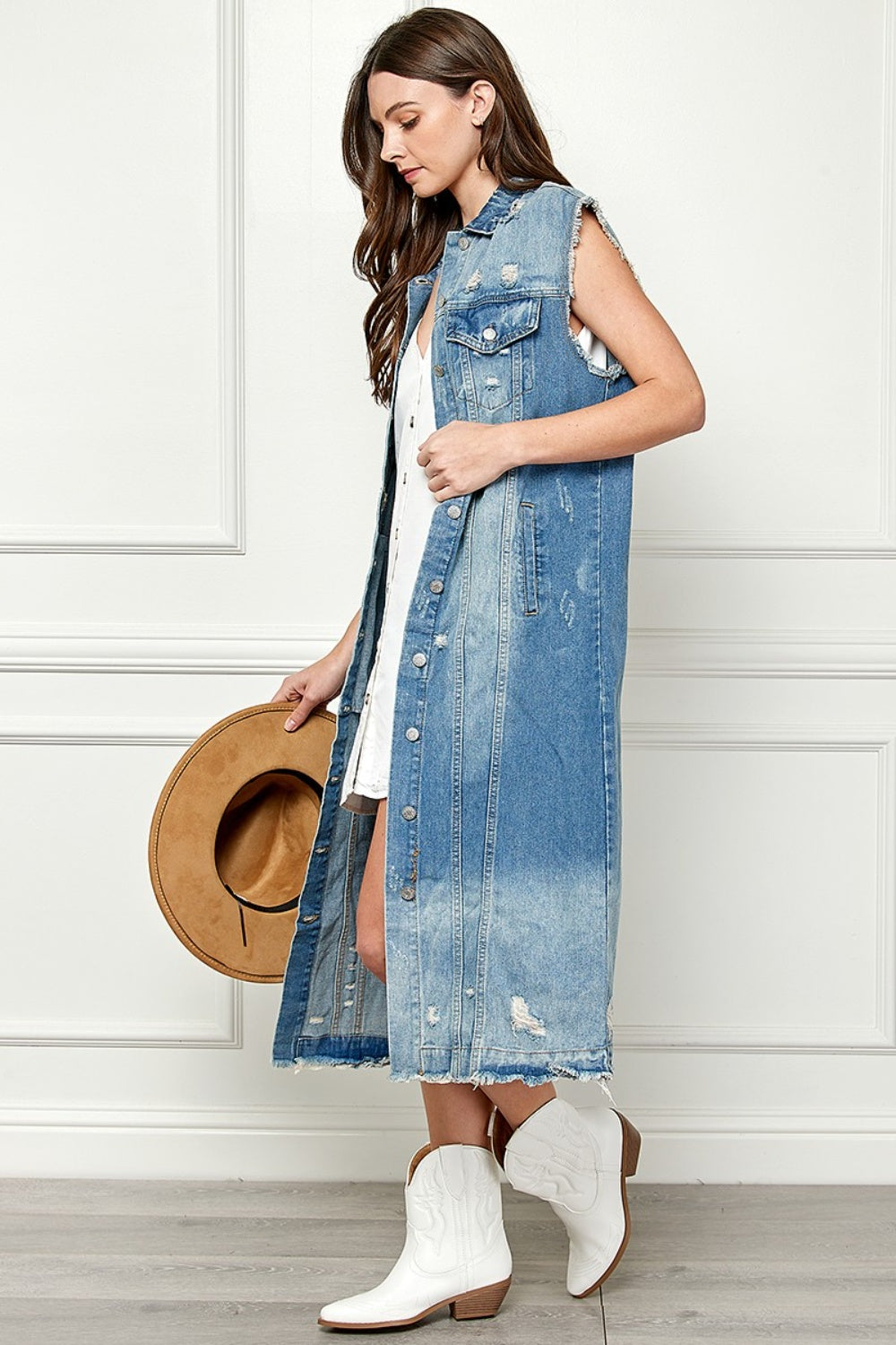 Veveret Full Size Distressed Sleeveless Longline Denim Jacket-TOPS / DRESSES-[Adult]-[Female]-2022 Online Blue Zone Planet