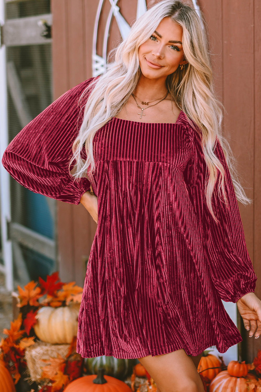 Textured Velvet Square Neck Balloon Sleeve Tie Back Babydoll Mini Dress Textured Velvet Square Neck Balloon Sleeve Tie Back Babydoll Mini Dress