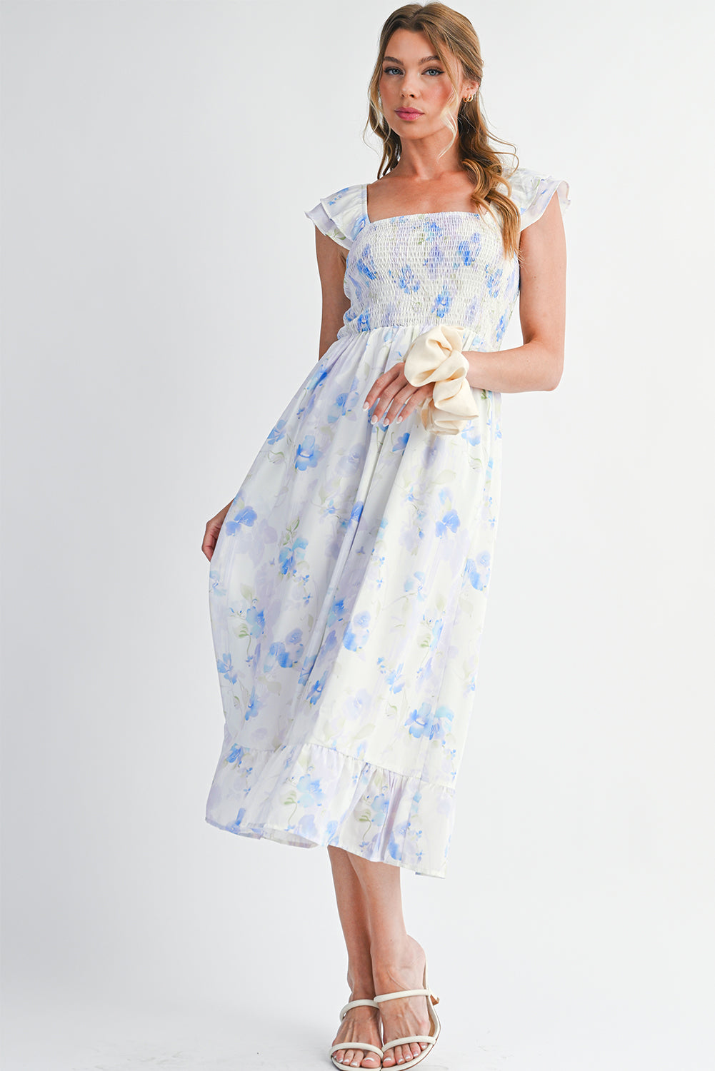 Sky Blue Floral Smocked High Waist Ruffle Sleeveless Long Dress-TOPS / DRESSES-[Adult]-[Female]-2022 Online Blue Zone Planet