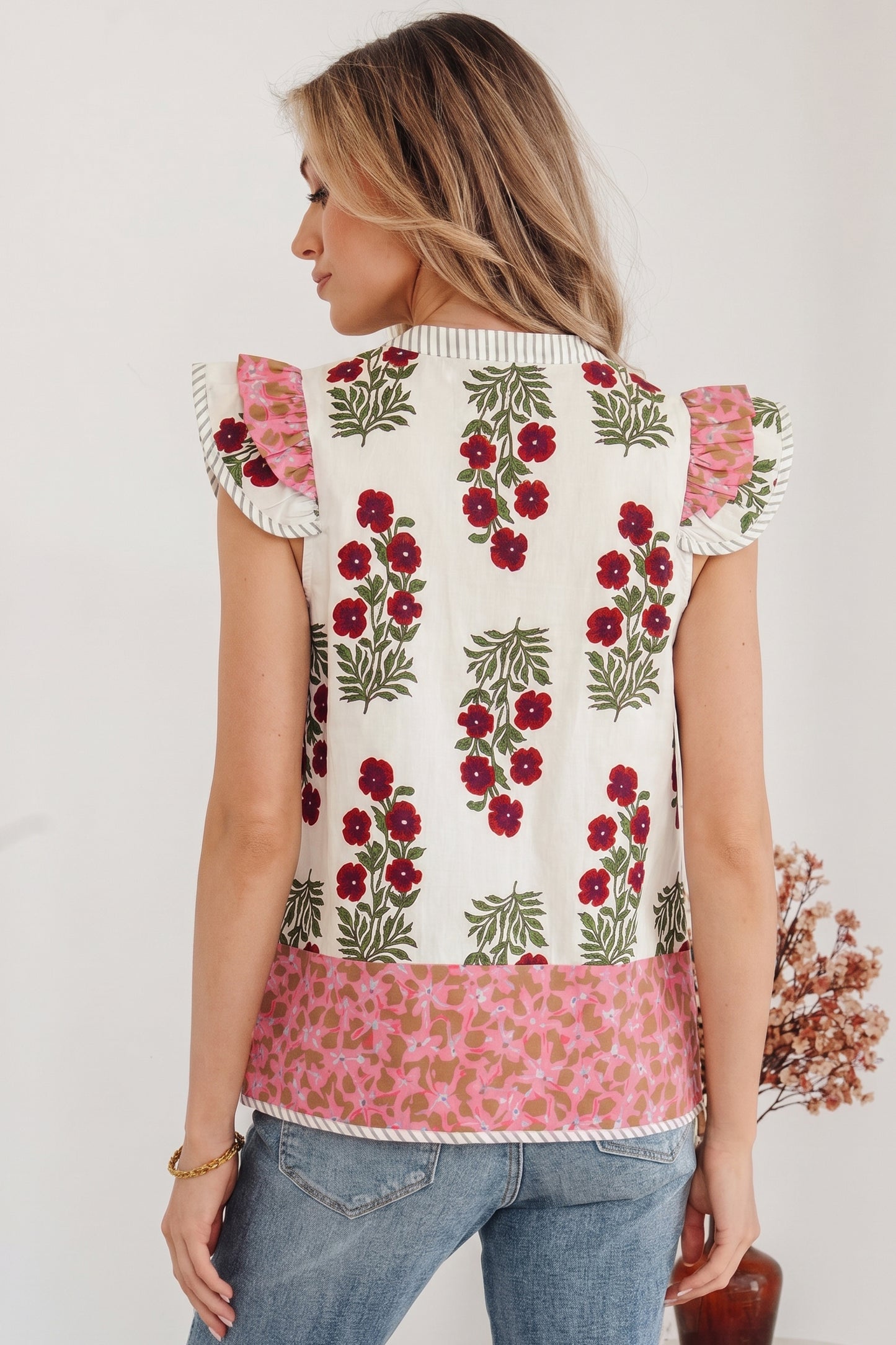 White Floral Print Contrast Striped Trim Flutter Cotton Blouse-Tops/Blouses & Shirts-[Adult]-[Female]-2022 Online Blue Zone Planet