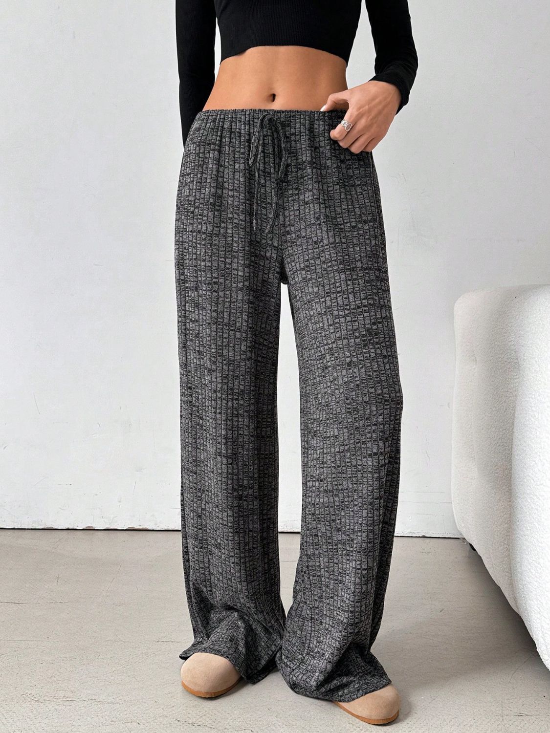 Blue Zone Planet | Tied Striped Wide Leg Pants-BOTTOMS SIZES SMALL MEDIUM LARGE-[Adult]-[Female]-Dark Gray-S-2022 Online Blue Zone Planet