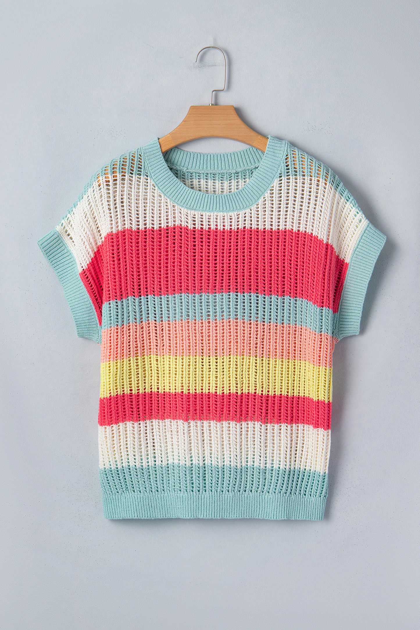 Green Stripe Color Block Hollow Out Knit Short Sleeve Sweater-TOPS / DRESSES-[Adult]-[Female]-2022 Online Blue Zone Planet