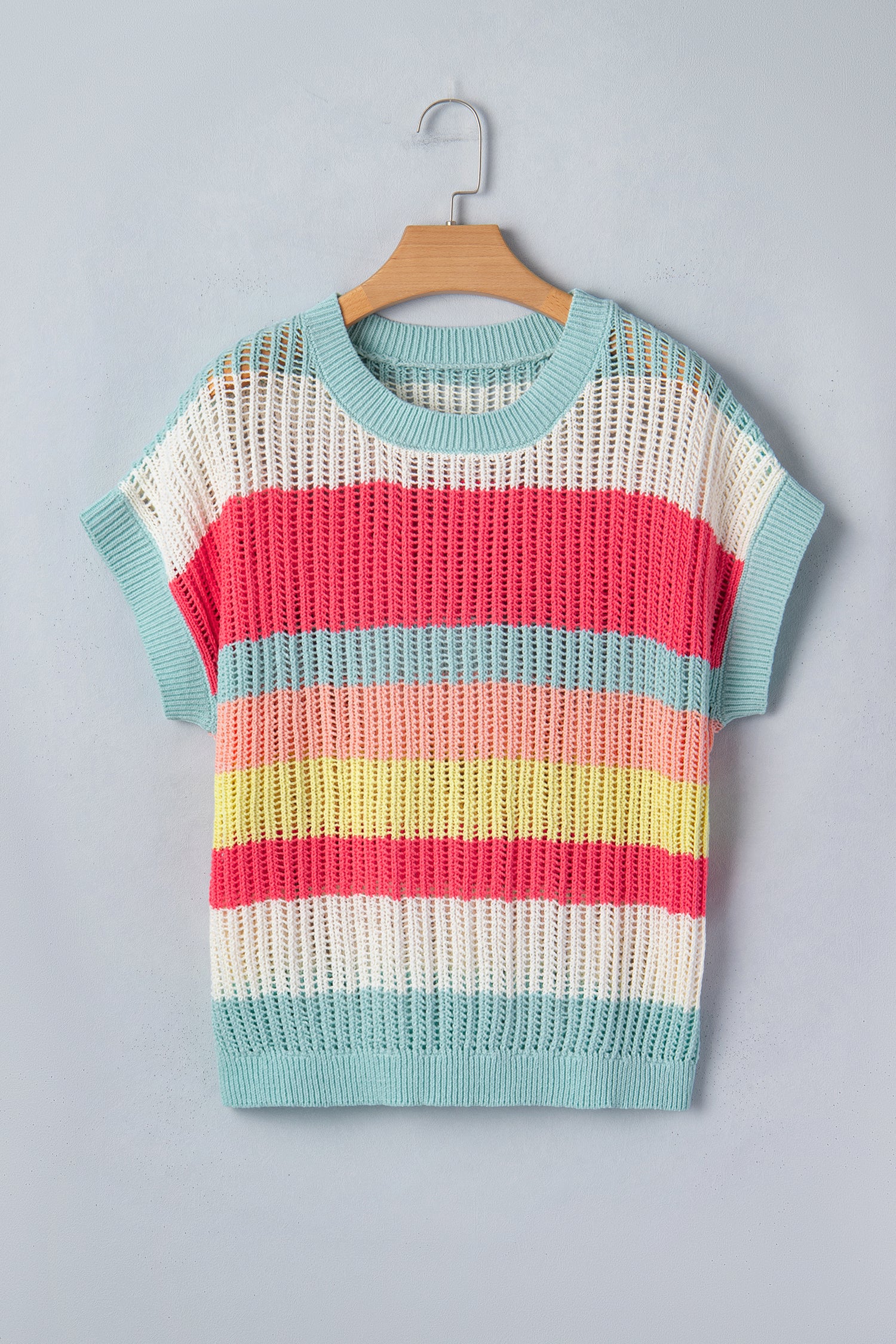 Green Stripe Color Block Hollow Out Knit Short Sleeve Sweater-TOPS / DRESSES-[Adult]-[Female]-2022 Online Blue Zone Planet