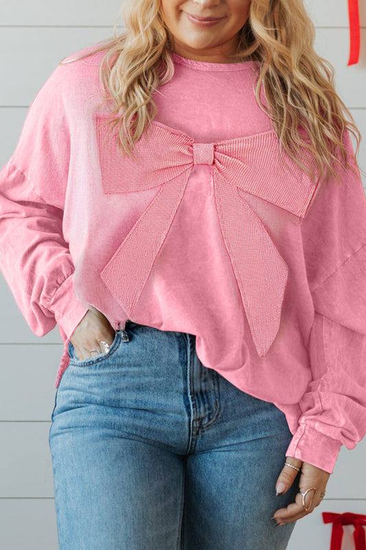 Bonbon Waffle Bowknot Patchwork Graphic Mineral Wash Plus Size Sweatshirt-Plus Size/Plus Size Sweatshirts & Hoodies-[Adult]-[Female]-Bonbon-1X-2022 Online Blue Zone Planet