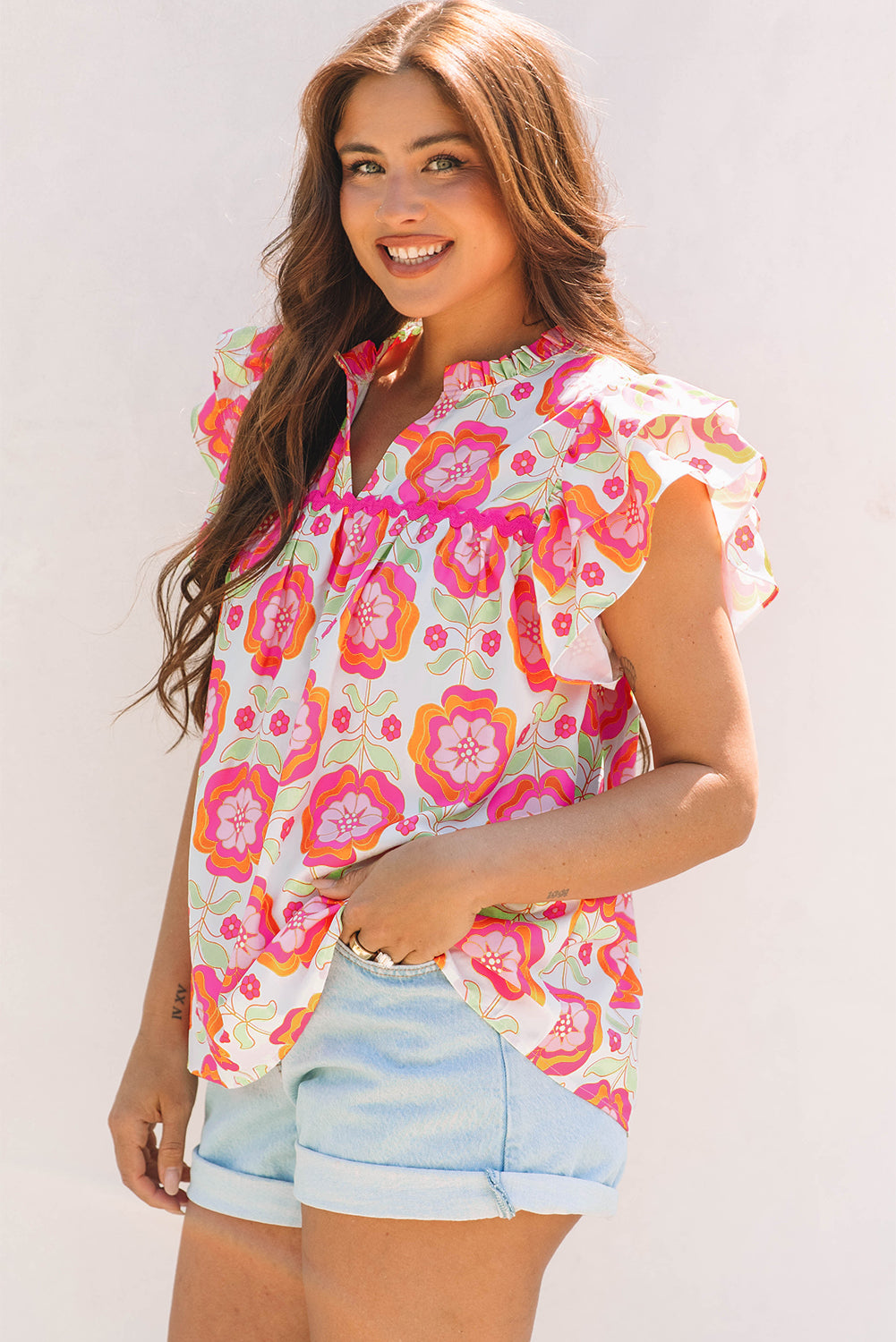 Rose Floral Ruffled Sleeve Ric-rac Trim Split Neck Loose Blouse-Tops/Blouses & Shirts-[Adult]-[Female]-2022 Online Blue Zone Planet