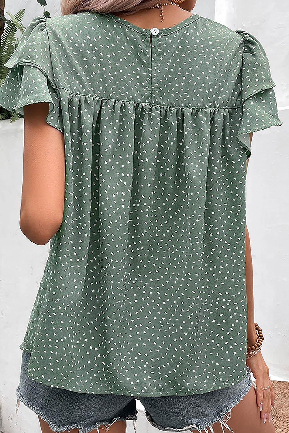 Laurel Green Dotted Ruffle Sleeve Crew Neck Ruched Blouse-Tops/Blouses & Shirts-[Adult]-[Female]-2022 Online Blue Zone Planet