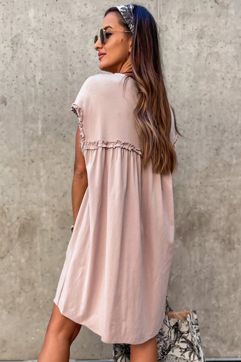 Oatmeal Frilled Trim Crew Neck Loose Fit Mini Dress-Dresses/Mini Dresses-[Adult]-[Female]-2022 Online Blue Zone Planet