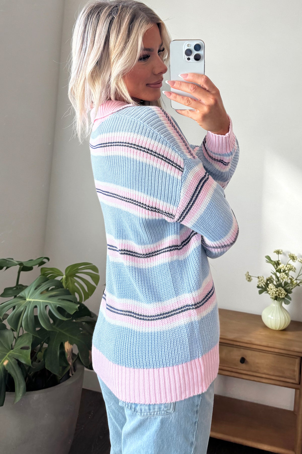 Sky Blue Stripe Striped Button Collar Long Sleeve Shift Fit Winter Knitwear Sweater-TOPS / DRESSES-[Adult]-[Female]-2022 Online Blue Zone Planet