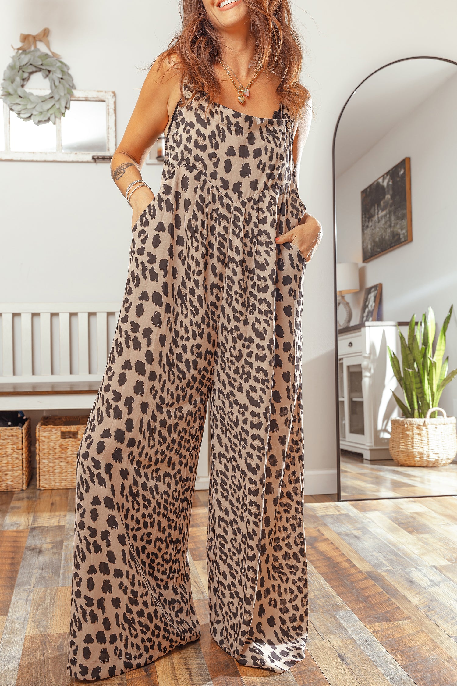Khaki Leopard Print Square Neck Pleated Wide Leg Jumpsuit-Bottoms/Jumpsuits & Rompers-[Adult]-[Female]-2022 Online Blue Zone Planet