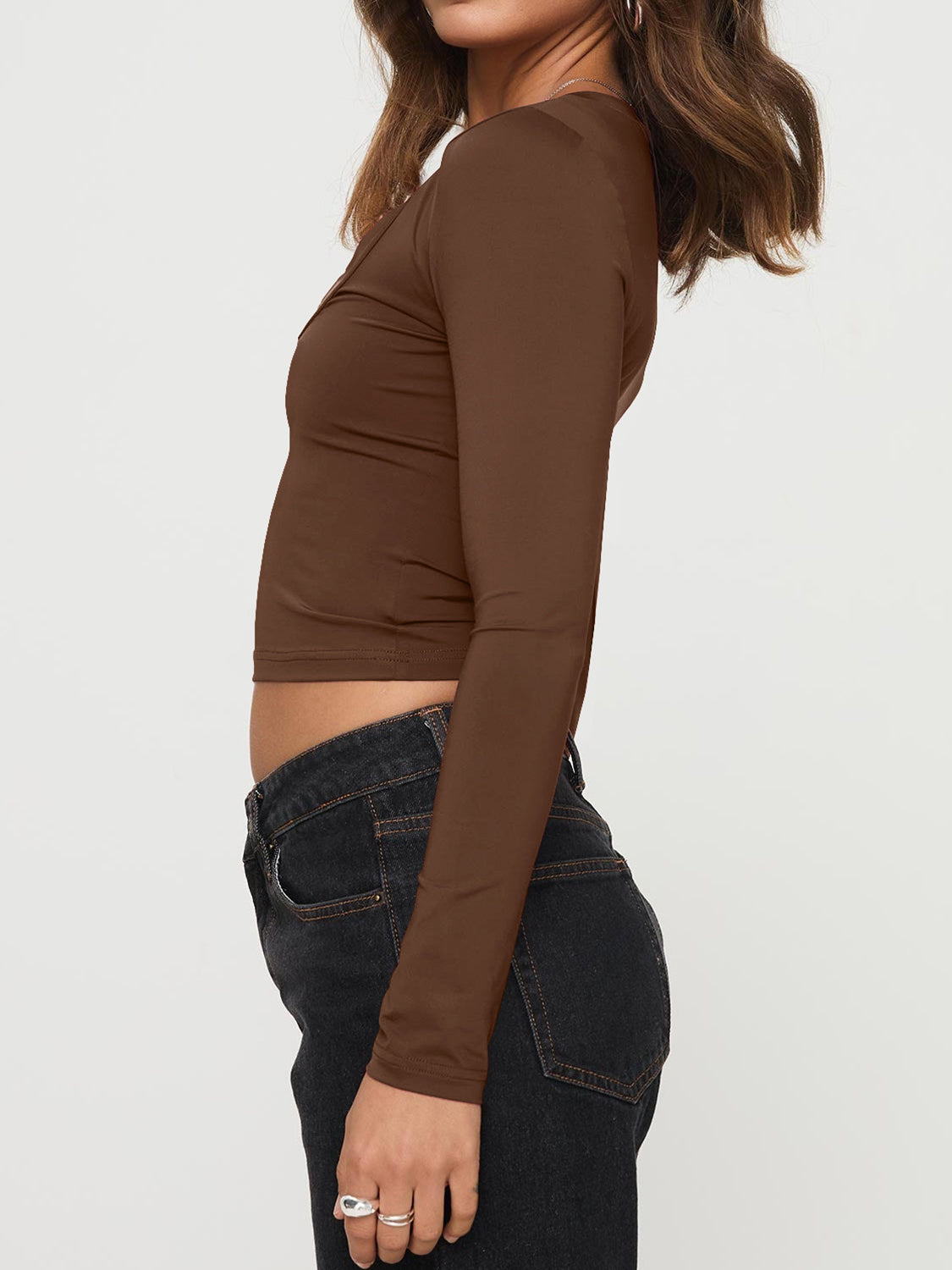 Scoop Neck Long Sleeve Cropped T-Shirt-TOPS / DRESSES-[Adult]-[Female]-Brown-S-2022 Online Blue Zone Planet