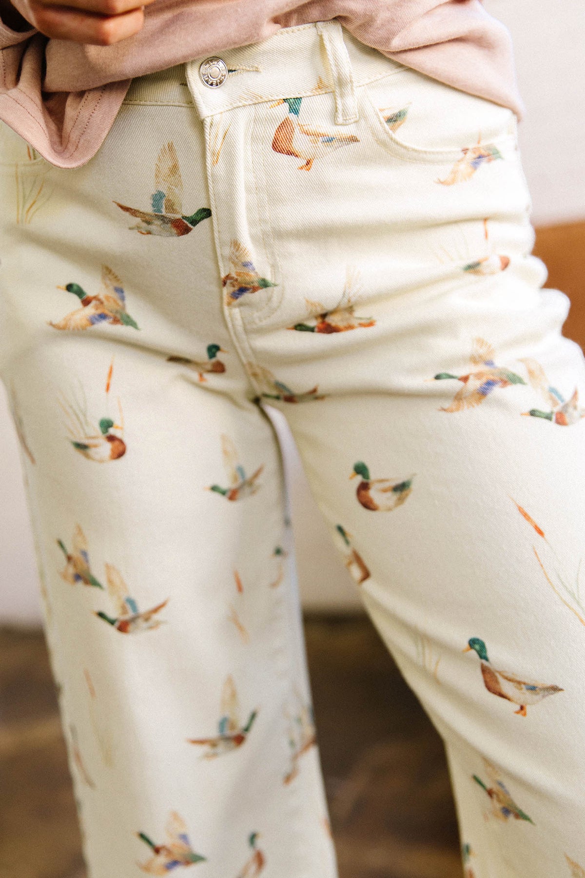 Beige Stylish Mallard Printed Cuffed Hem Shift Jeans-Bottoms/Jeans-[Adult]-[Female]-2022 Online Blue Zone Planet