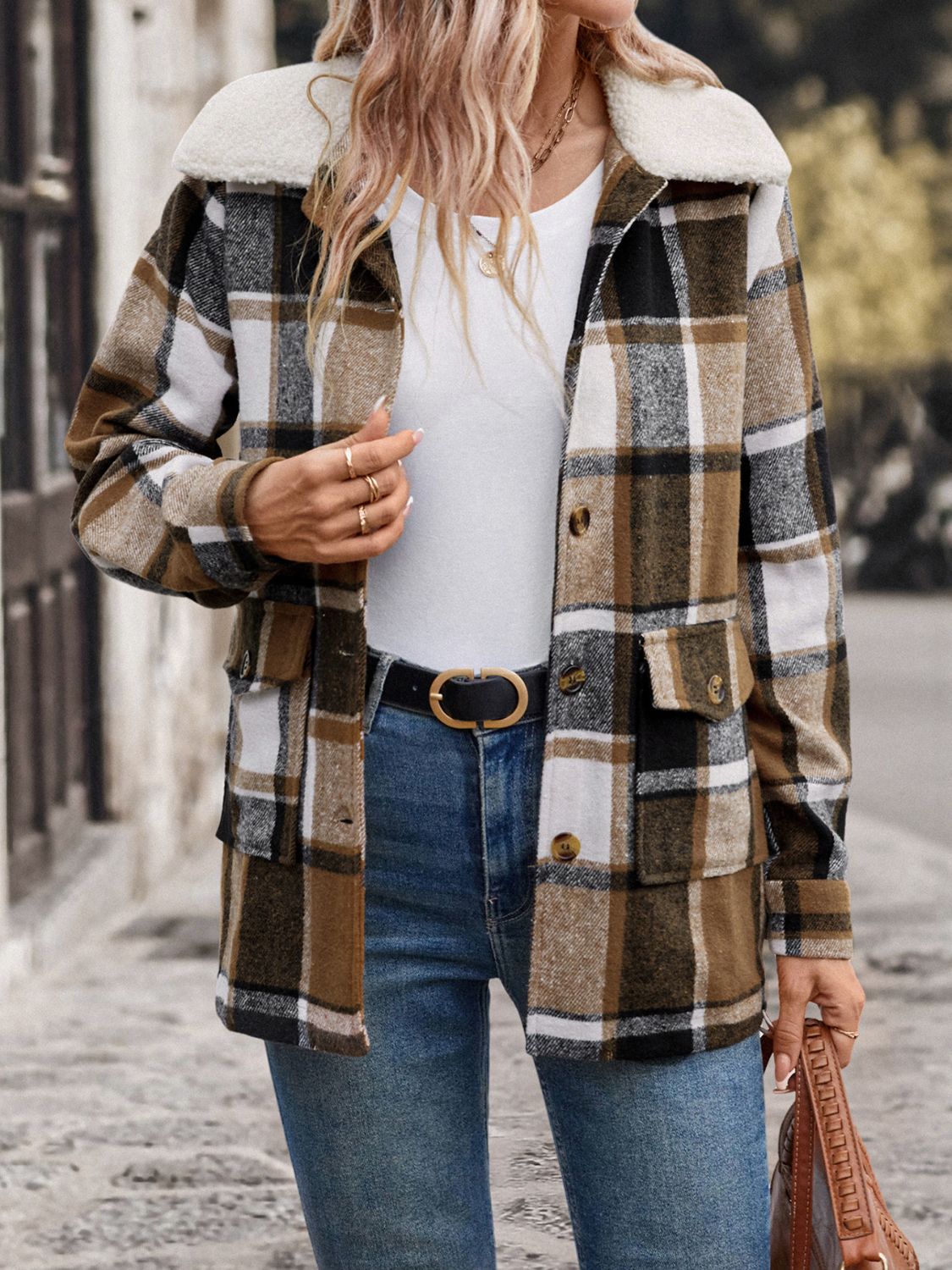 Perfee Pocketed Plaid Button Up Collared Neck Jacket-TOPS / DRESSES-[Adult]-[Female]-2022 Online Blue Zone Planet