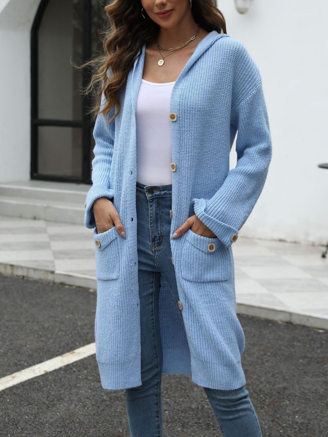 Pocketed Button Up Long Sleeve Hooded Cardigan-TOPS / DRESSES-[Adult]-[Female]-Light Blue-One Size-2022 Online Blue Zone Planet