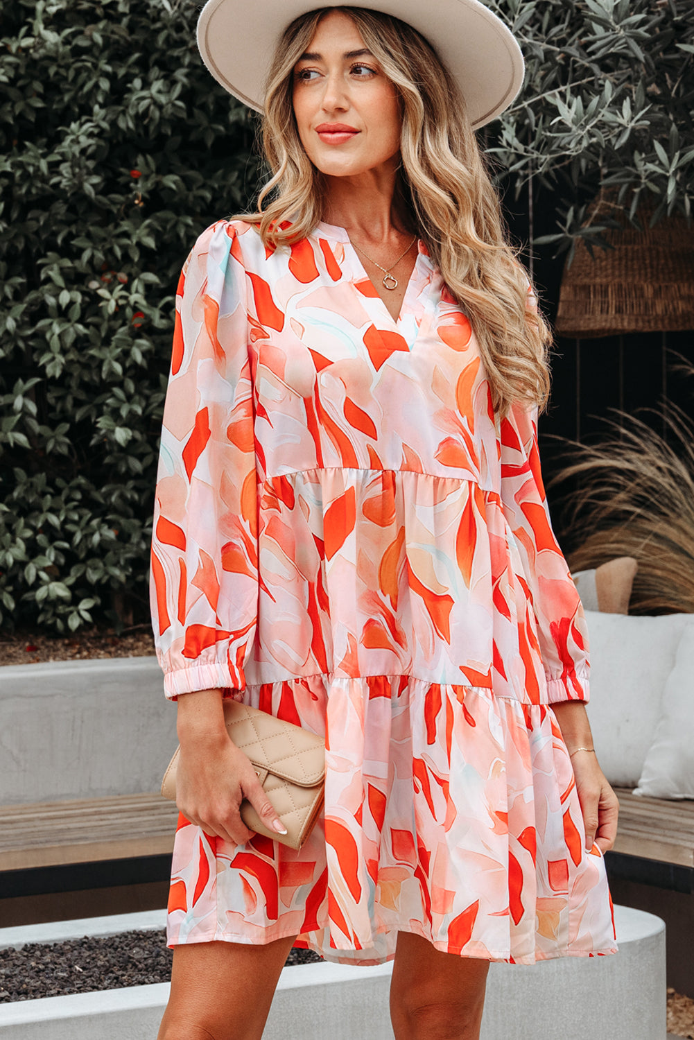 Orange Abstract Print Split Neck Long Sleeve Dress-TOPS / DRESSES-[Adult]-[Female]-2022 Online Blue Zone Planet