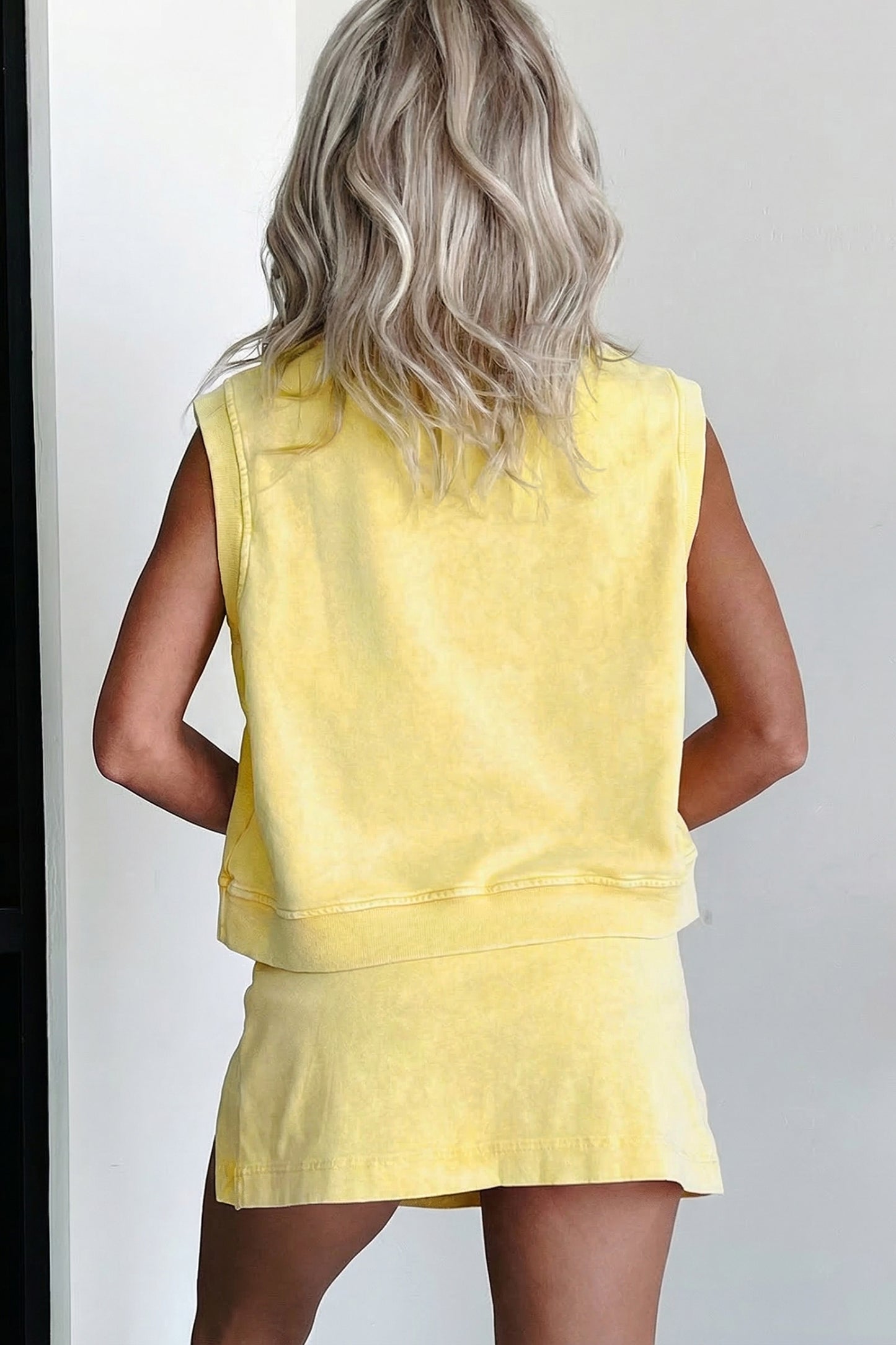 Yellow Cream 2 Pieces Mineral Wash Cotton Tank Top Lined Split Skort Set-Two Piece Sets/Two Piece Dresses-[Adult]-[Female]-2022 Online Blue Zone Planet