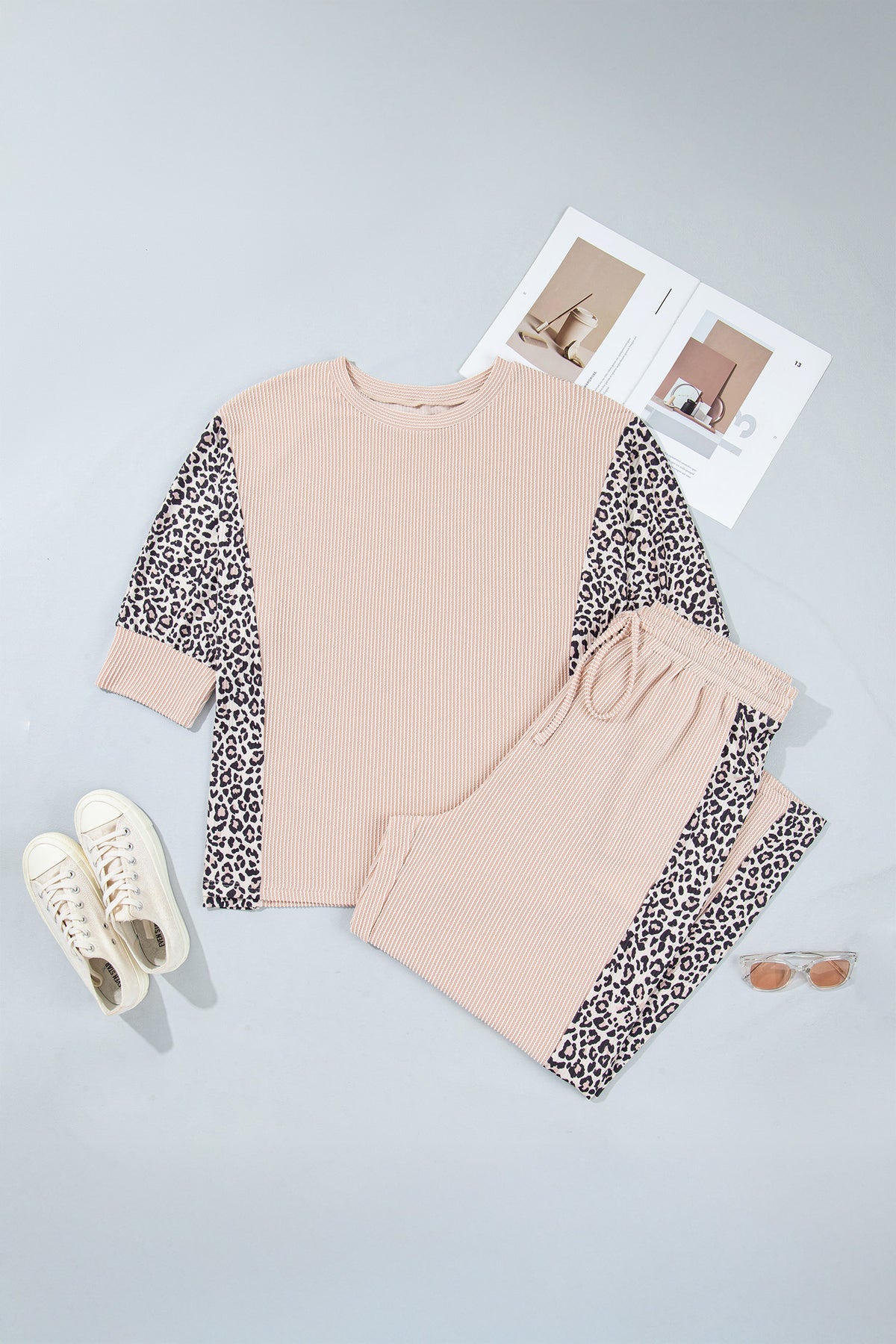 Light French Beige Leopard Print Ribbed Twist Long Sleeve Top Pants Plus Size Set-Plus Size/Plus Size Loungewear-[Adult]-[Female]-2022 Online Blue Zone Planet