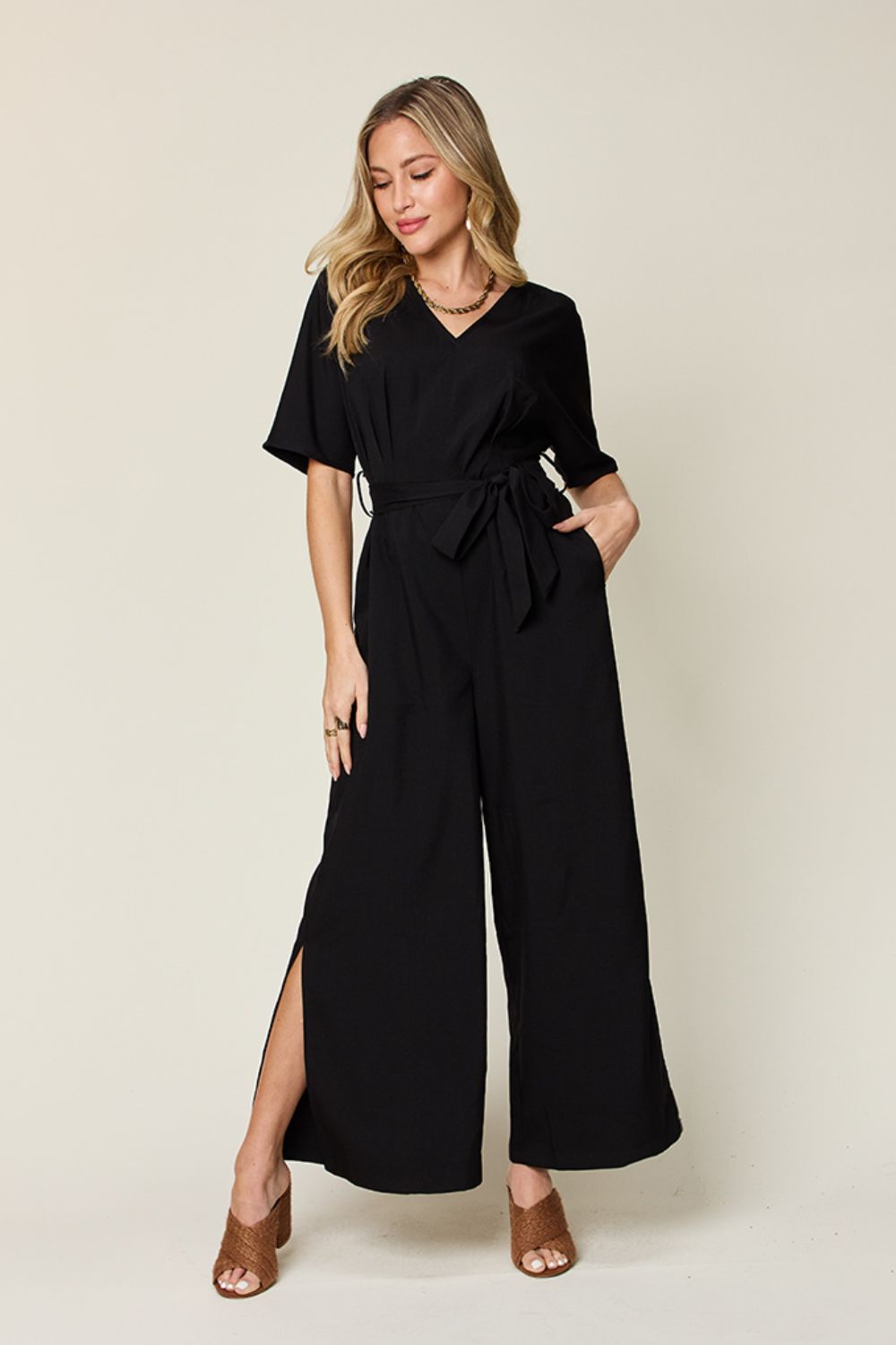 Blue Zone Planet | Double Take Full Size V-Neck Tied Side Slit Jumpsuit-TOPS / DRESSES-[Adult]-[Female]-Black-S-2022 Online Blue Zone Planet