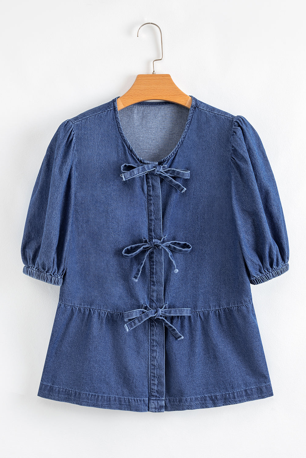 Sail Blue Tied Front Bubble Sleeve Peplum Denim Shirt-Tops/Blouses & Shirts-[Adult]-[Female]-2022 Online Blue Zone Planet