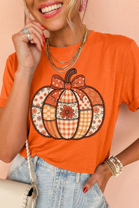 Orange Patchwork Pumpkin Graphic Print Crewneck T-Shirt-Graphic/Graphic Tees-[Adult]-[Female]-Orange-S-2022 Online Blue Zone Planet