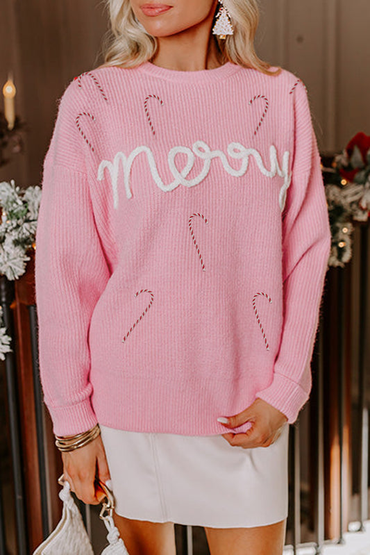Pink Merry Candy Cane Puffy Knit Crew Neck Sweater-TOPS / DRESSES-[Adult]-[Female]-Pink-S-2022 Online Blue Zone Planet